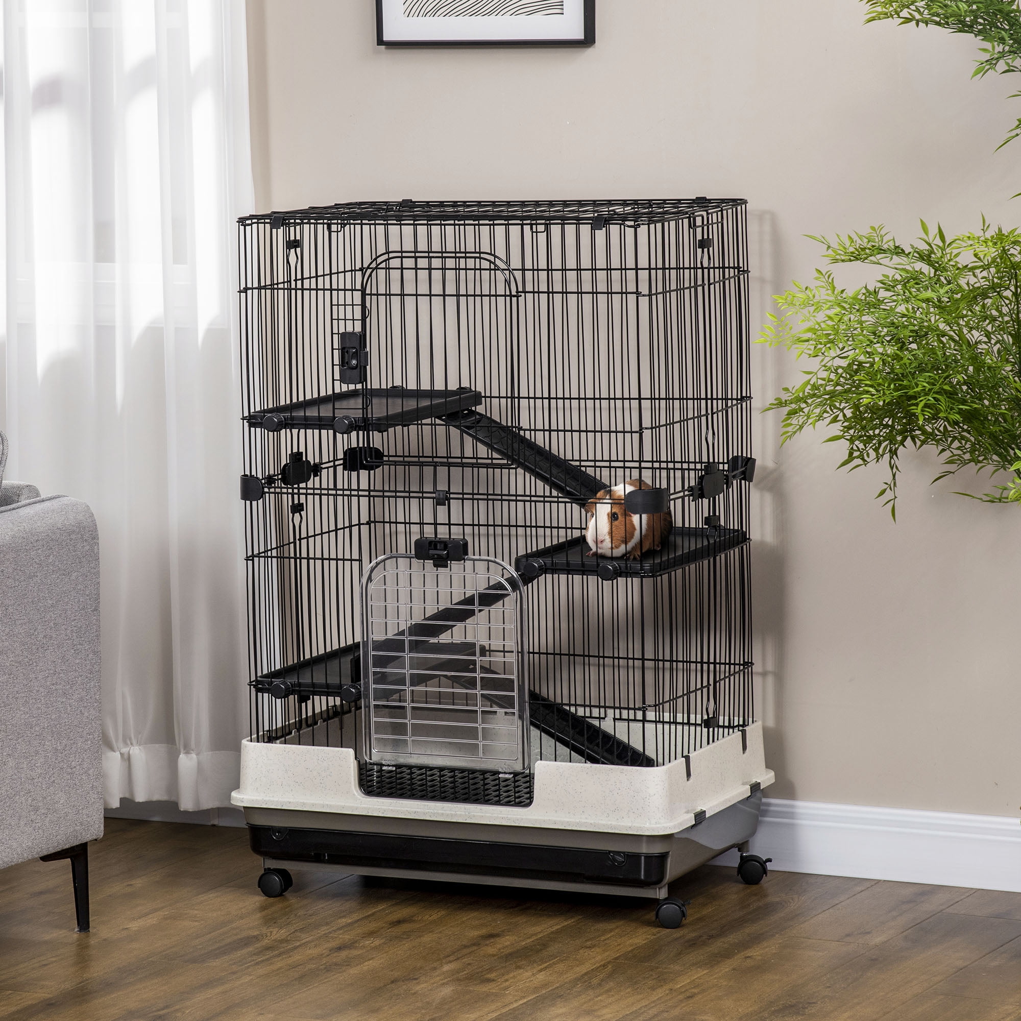 Noaman PawHut 4-Level Small Animal Cage Rabbit Hutch with Wheels, 32"L x 20.8"W x 45"H, Removable Tray & Ramp for Bunny, Chinchillas, Ferret, Black