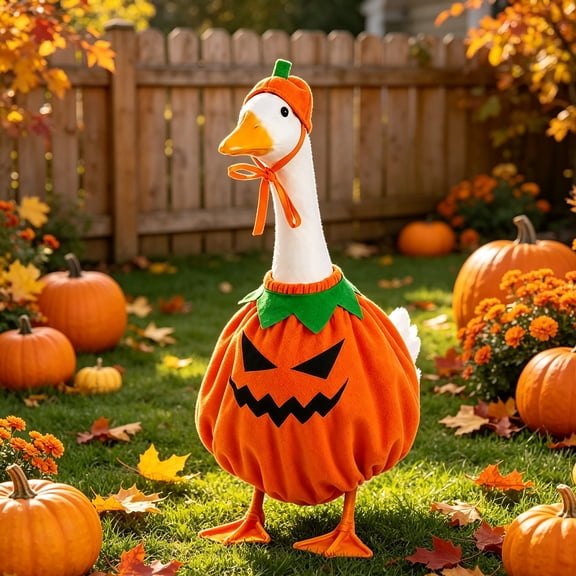 Sruoe Halloween Pumpkin Jack‑o‑Lantern Outfit for 23 Inch Porch Goose Statue, Fall Harvest Themed Costume for Yard Lawn Goose Figurine Decor