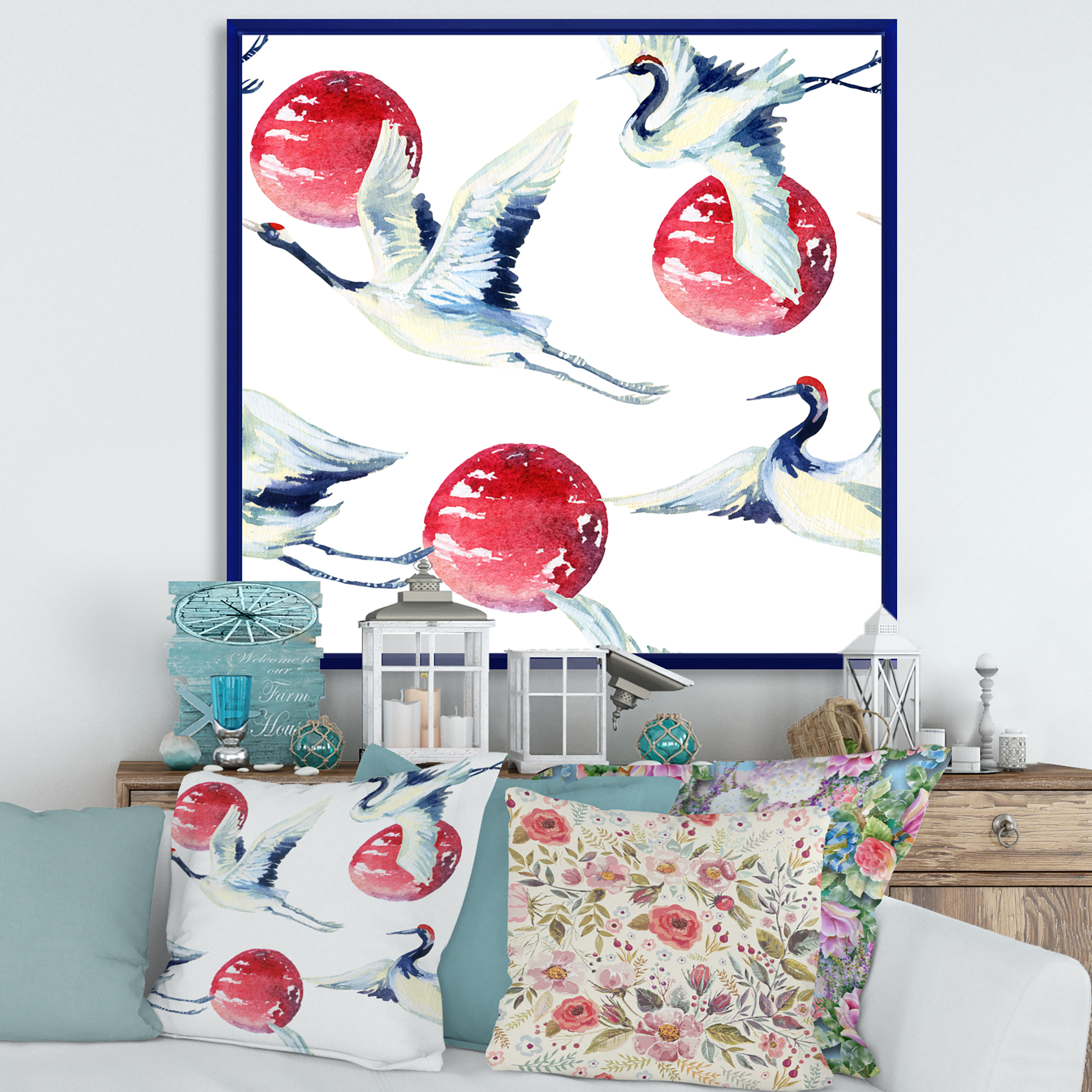 Designart 'Red Full Moon With Asian Crane Bird' Traditional Framed Canvas Wall Art Print