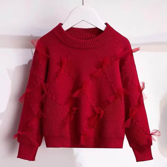 XIMIN Kid Girls Crewneck Solid Color Knit Cute Bow Slouchy Sweater Cute Tulle Long Sleeve Stretchy Thicken Casual Pullover Fall Winter Shirts