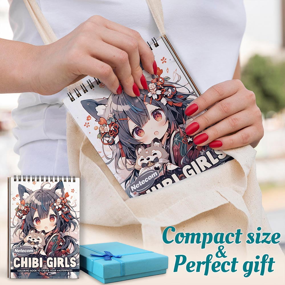 Netecom Chibi Girls Coloring Book Spiral Bound for Adults, A5 Wooden Cover, 30 Adorable Characters Coloring Pages of Fantasy Worlds for Stress Relief and Relaxation