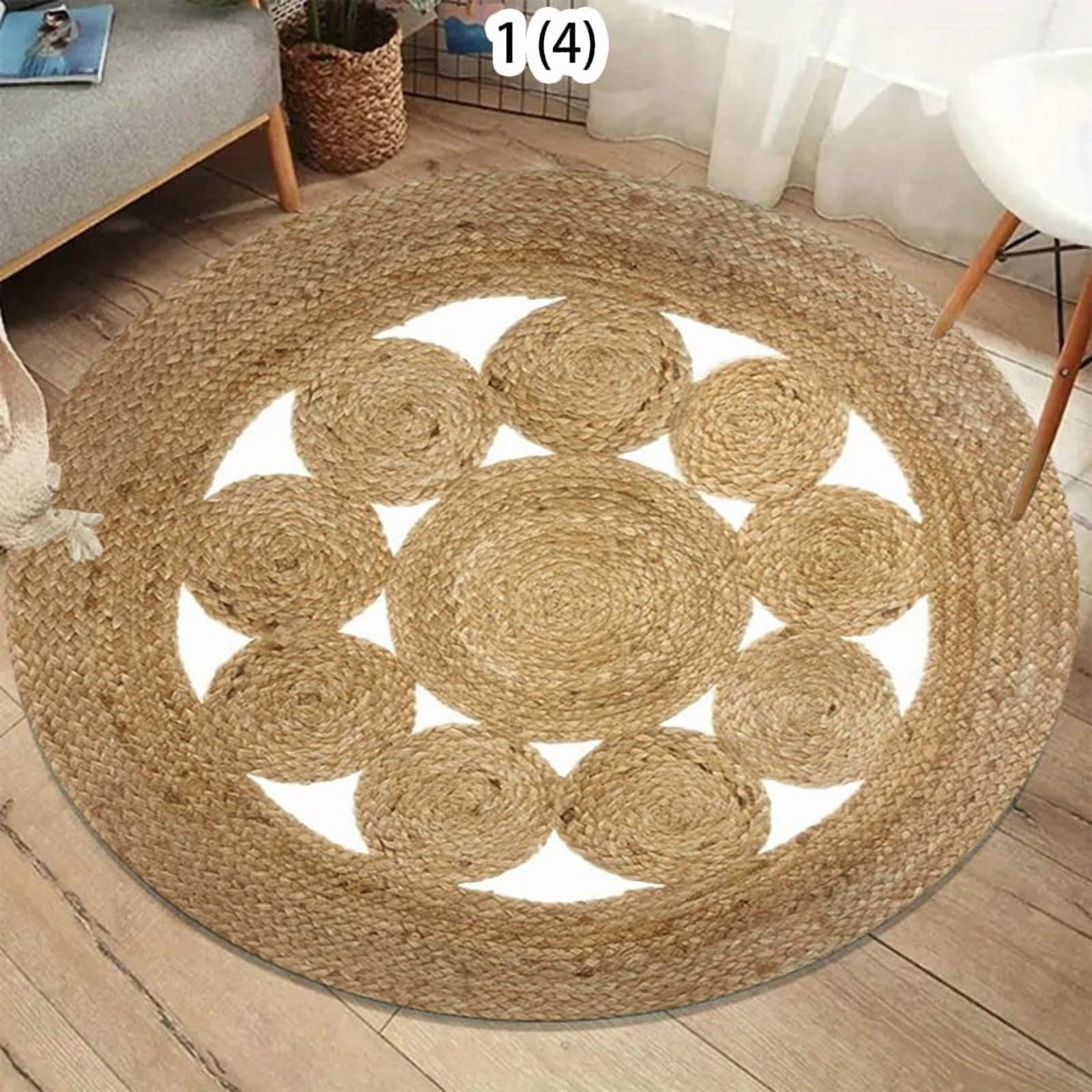 Natural Jute Woven Round Soft Area Rug Washable Non-Slip Indoor Floor Mat for Rustic Boho Bedroom Living Room Home Decor