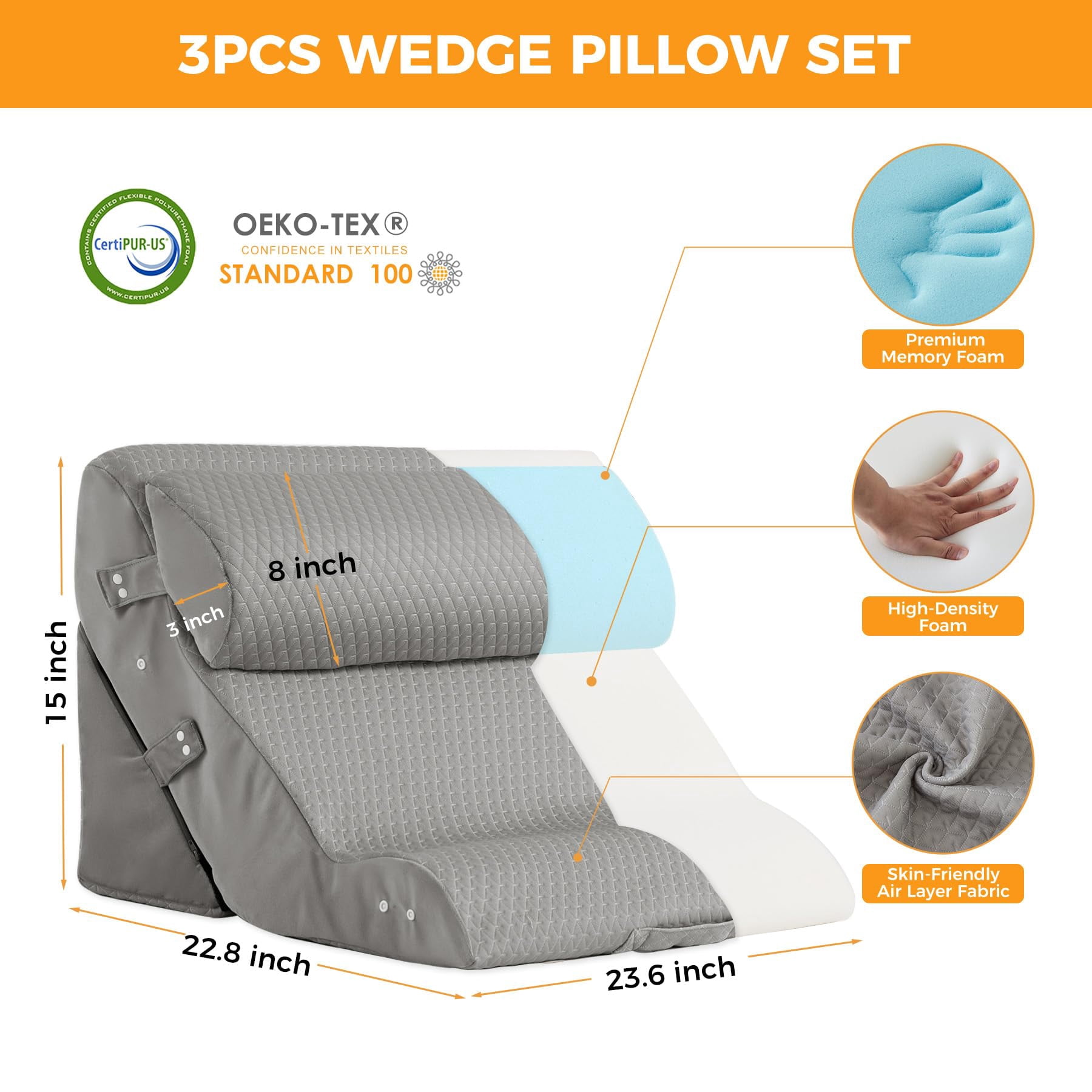 3pcs Wedge Pillow Set For After  Adjustable Bed Sitting Up Acid Reflux Headboard Sleeping & Grey