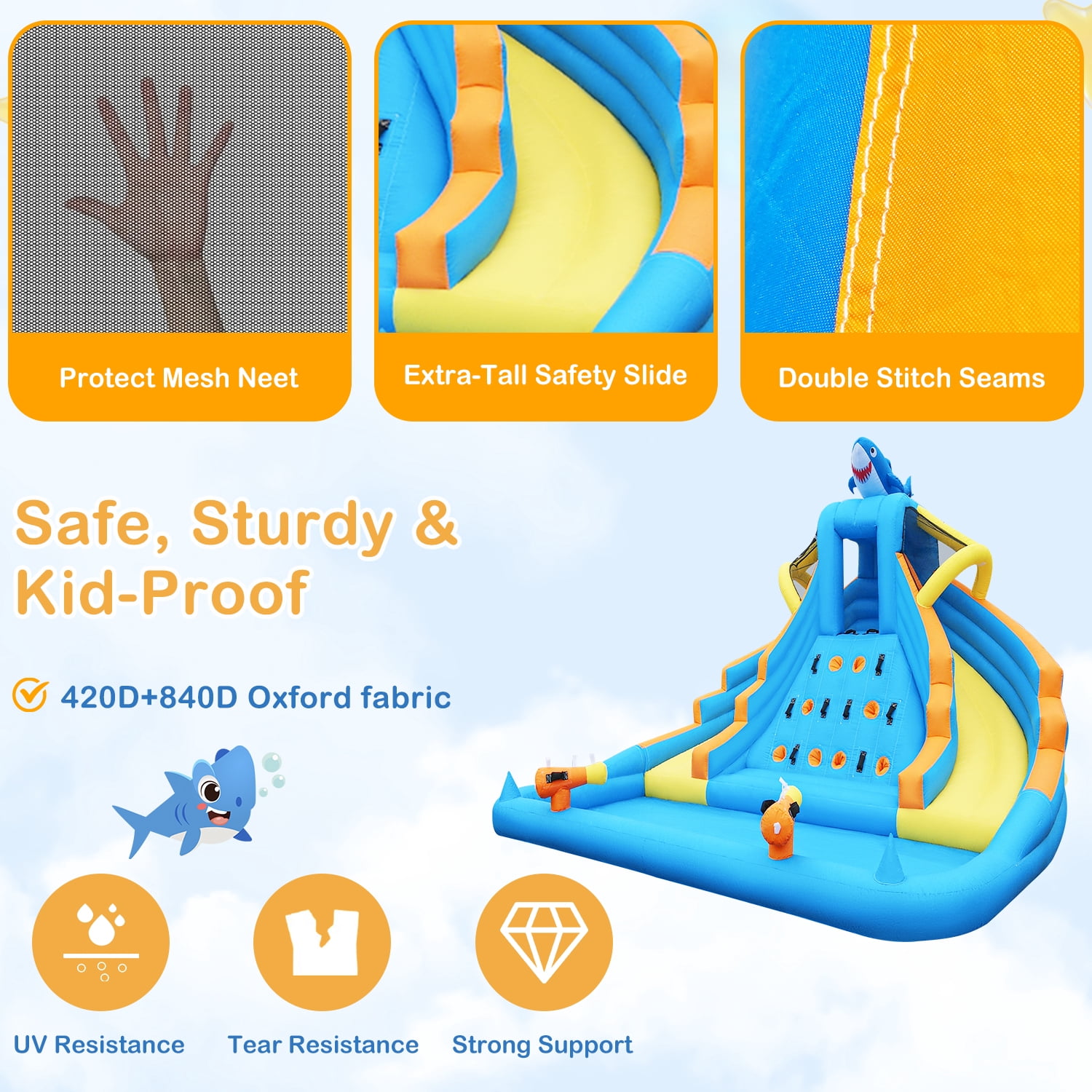 COCOFISH 13FT Shark Inflatable Water Slide for Indoor & Outdoor Use, with Dual Slides, Climbing Wall, Pool, Water Cannon and 680W Blower