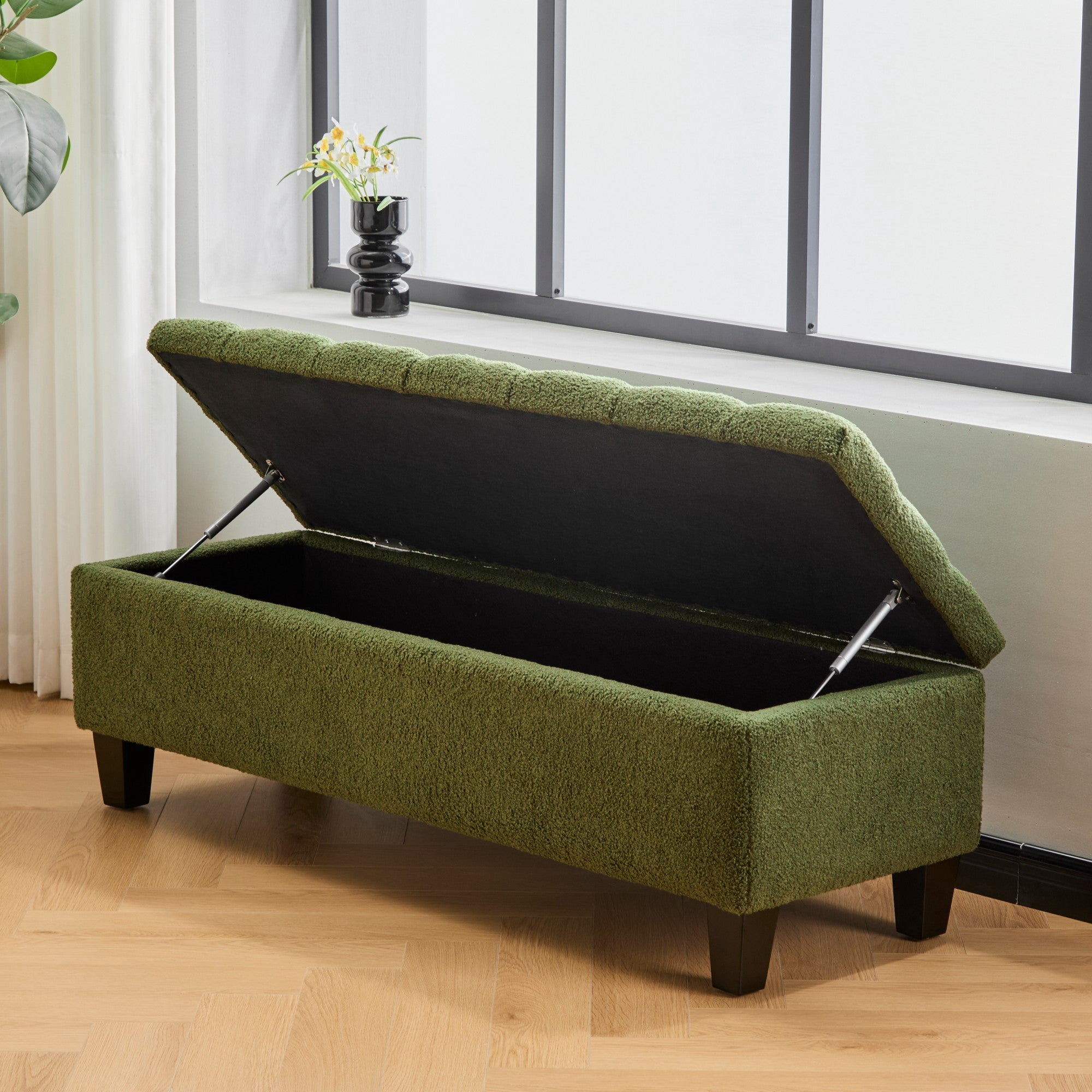 Sailvan 51" Boucle Storage Ottoman Bench,Upholstered End of Bed Bench with Button Tufting and Rubber Wood Legs for Bedroom and Entryway Green