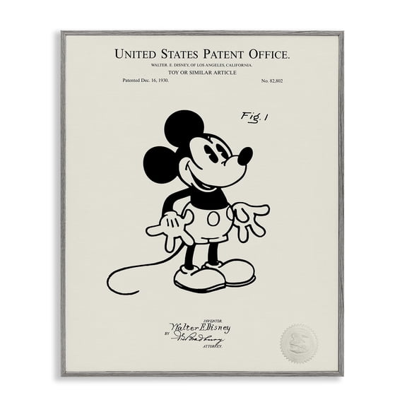 Stupell Industries Eclectic Vintage Cartoon Character Patent Gray Framed Giclee Art, 11 x 14, by Karl Hronek