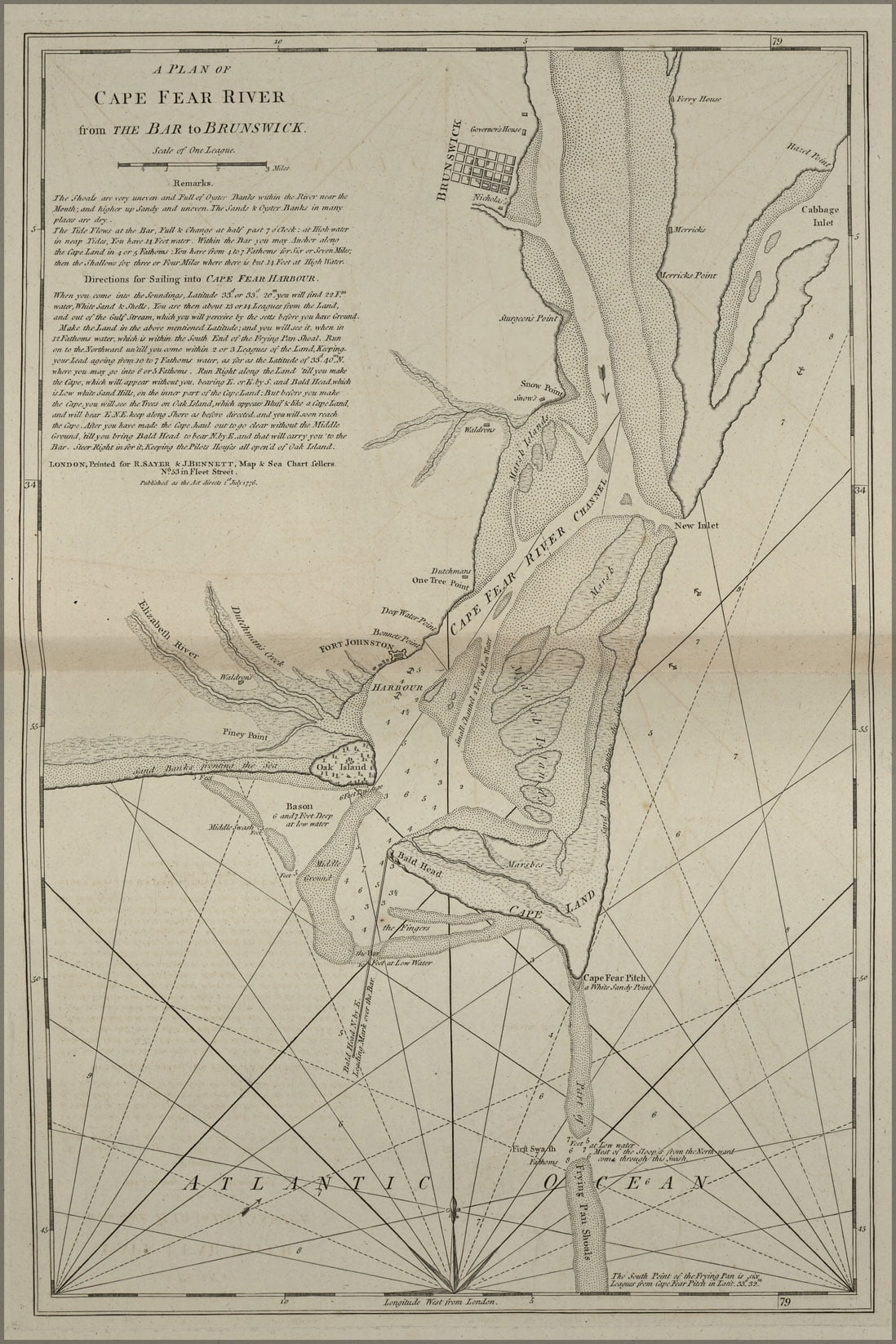 24"x36" Gallery Poster, map Cape Fear river from bar to Brunswick 1777 ...