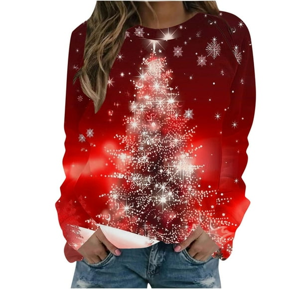 lcziwo Prime Deals Womens Plus Christmas Sweatshirt,Christmas Shirts for Women 2024 Sparkly Xmas Tree Print Crewneck Sweatshirts Holiday Pullover Tunic Tops Red,XXXL