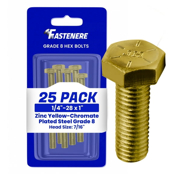 Fastenere 1/4"-28 x 1 Hex Bolts Grade 8 Zinc Yellow-Chromate Plated Steel, Fully Threaded Durable Hex Bolts for Machinery & Construction, Rust-Resistant, Heavy-Duty Fasteners, Pack of 25