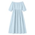 thumbnail image 5 of Women's off-the-Shoulder Cotton Linen Blend Dress Short Sleeve Lace Trim Casual Midi Dress with Side Slit for Summer Beach Vacation Light Blue XL(XL), 5 of 7