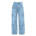 thumbnail image 3 of LEAVINGSUO Straight Leg Cargo Jeans Trousers for Women Fashion High Waisted Pockets Solid Color Button Zipper Casual Denim Pants Blue XXL, 3 of 7