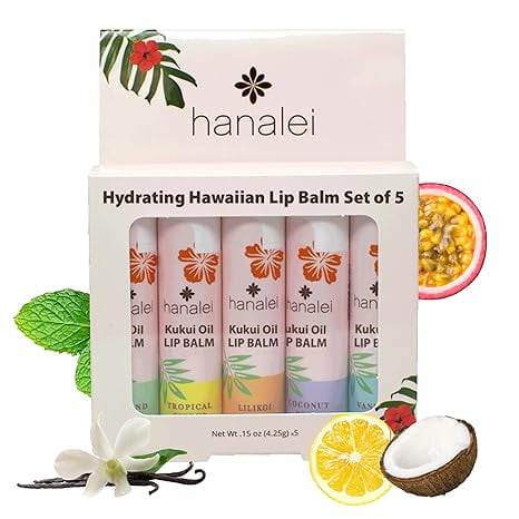 Hanalei Lip Balm and Moisturizer Set: 5 pack of Natural Hawaiian Kukui Oil and Beeswax Lip Balm to Replenish and Repair Dry, Chapped Lips - Tropical Citrus,Island Mint,Vanilla,Lili