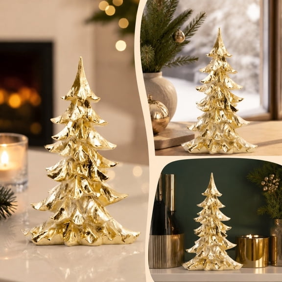 Gold and White Christmas Tree Figurine, Layered Resin Tree, Small Tabletop Holiday Centerpiece for Mantel, Shelf, Counter or Living Room