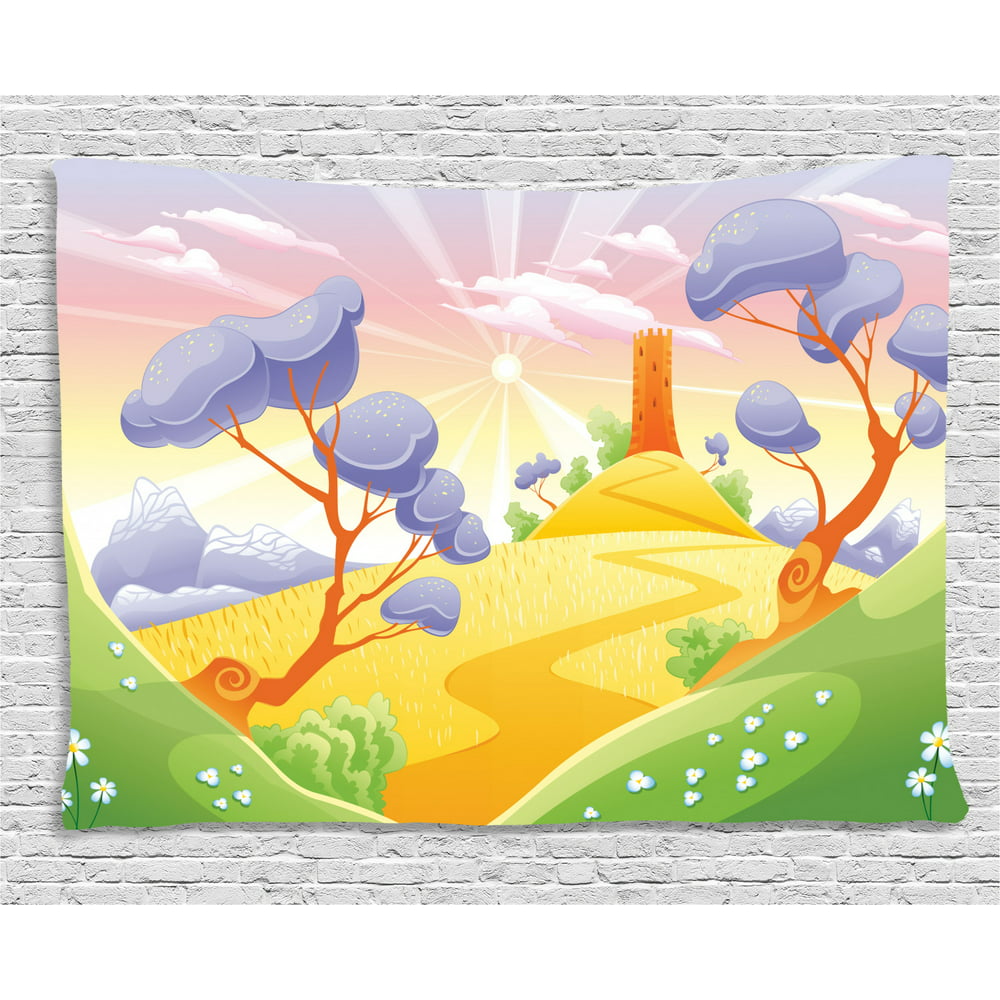 Fairy Tale Tapestry, Cartoon Tower with Abstract Trees and Hills ...