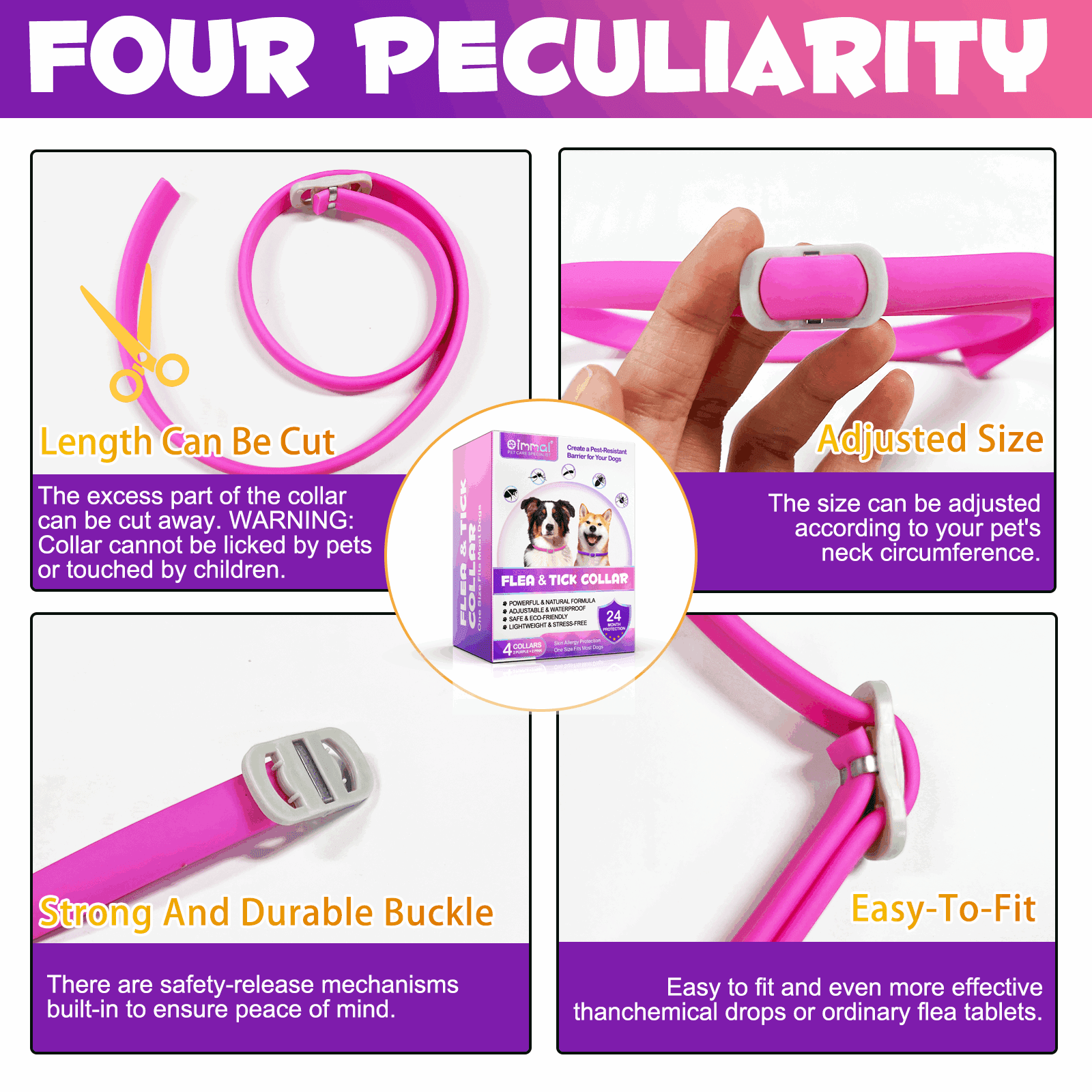 Oimmal Collar for Dog and Puppy, 24 Months Protection, 19inch Adjustable, Waterproof, Natural Ingredients, 4 Collars - Pink & Purple
