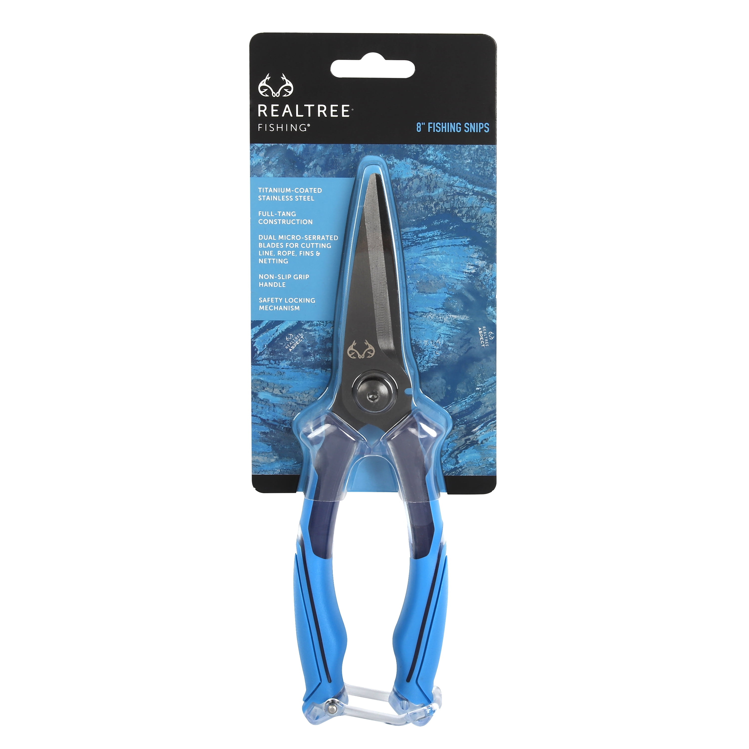 Realtree Fishing 8-inch Snips with Integrated Wire Cutter, Stainless Steel, Blue