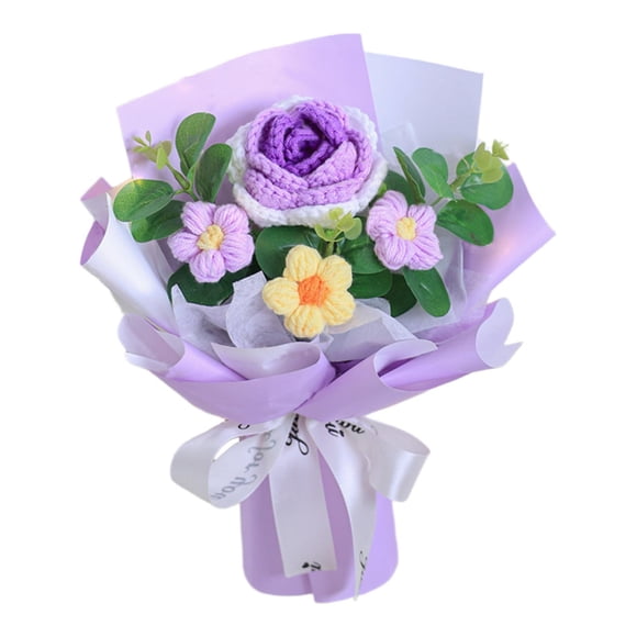 Ramo de flores de ganchillo con hojas de eucalipto artificiales, decoración de flores artificiales para Púrpura