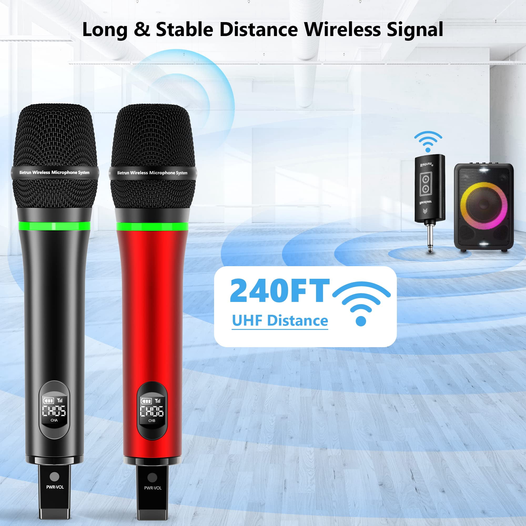 Bietrun Rechargeable Wireless Microphone, Dual Metal Cordless Handheld Dynamic Wireless Mics with 1/4'' Output for Karaoke, Meeting, Singing, Church, Wedding(UHF 240ft Range)(Receiver with Bluetooth)