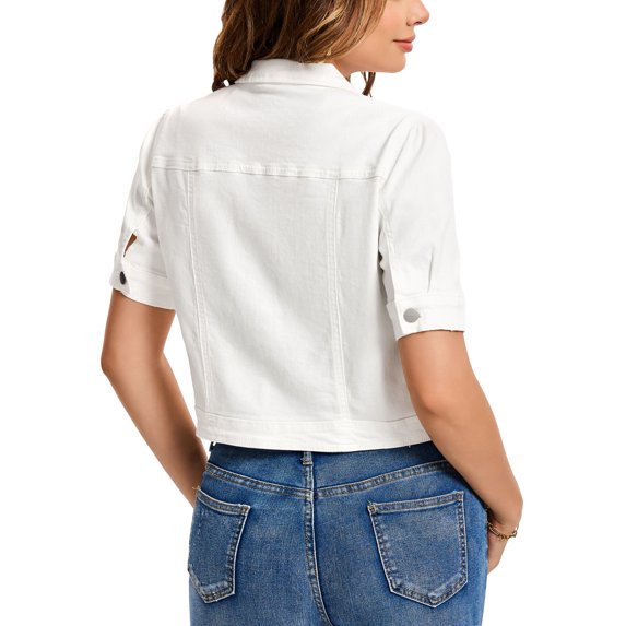 INSPIRE CHIC Women's Short Sleeve Denim Jackets Cropped Button Down with Pockets Classic Jean Jacket S White