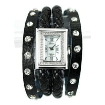 Ladies Silver Tone clear cz black leather strap watches 24x30mm