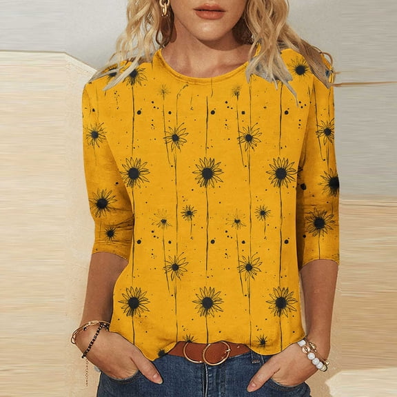 Yrmaups Women Loose Fit 3/4 Sleeve Sunflower Pullover Tops, Casual Round Neck Tee, Soft Breathable Basic Blouse for Fall Daily Office Wear, Yellow L