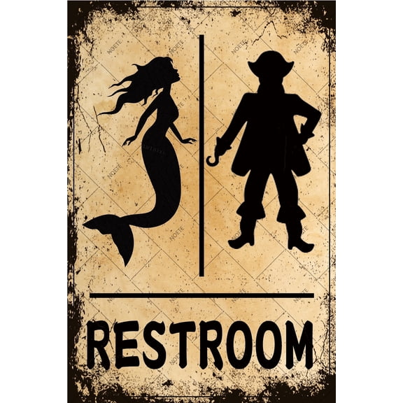 Noete Mermaid Bathroom Decor Sign Vintage 8x12 Inch Tin Metal Wall Art for Beach, Nautical & Pirate Themed Restroom, Funny Door Hanging Decor