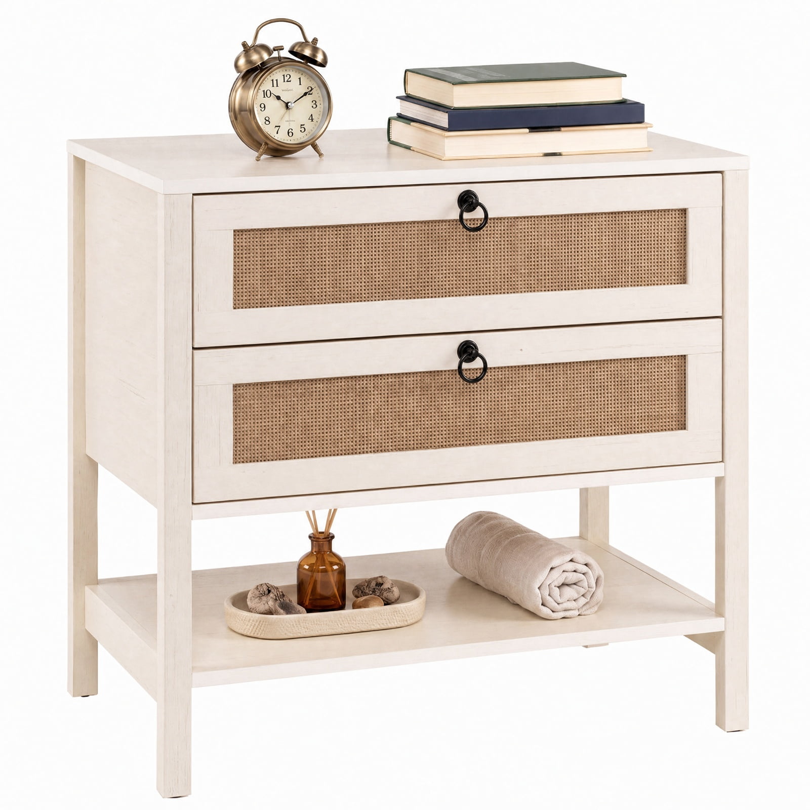 Furnibear Boho Rattan Nightstand with 2 Drawers and Bottom Open Shelf for Bedroom Living Room Bedside Sofa Side Small Space, White