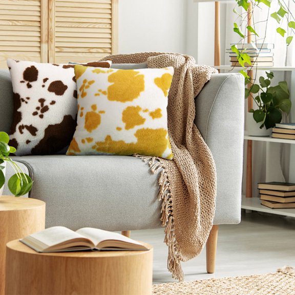 BESTYASH Yellow Cow Spots Plush Square Pillow Covers for Sofa and Home Decorative Throw Pillowcases
