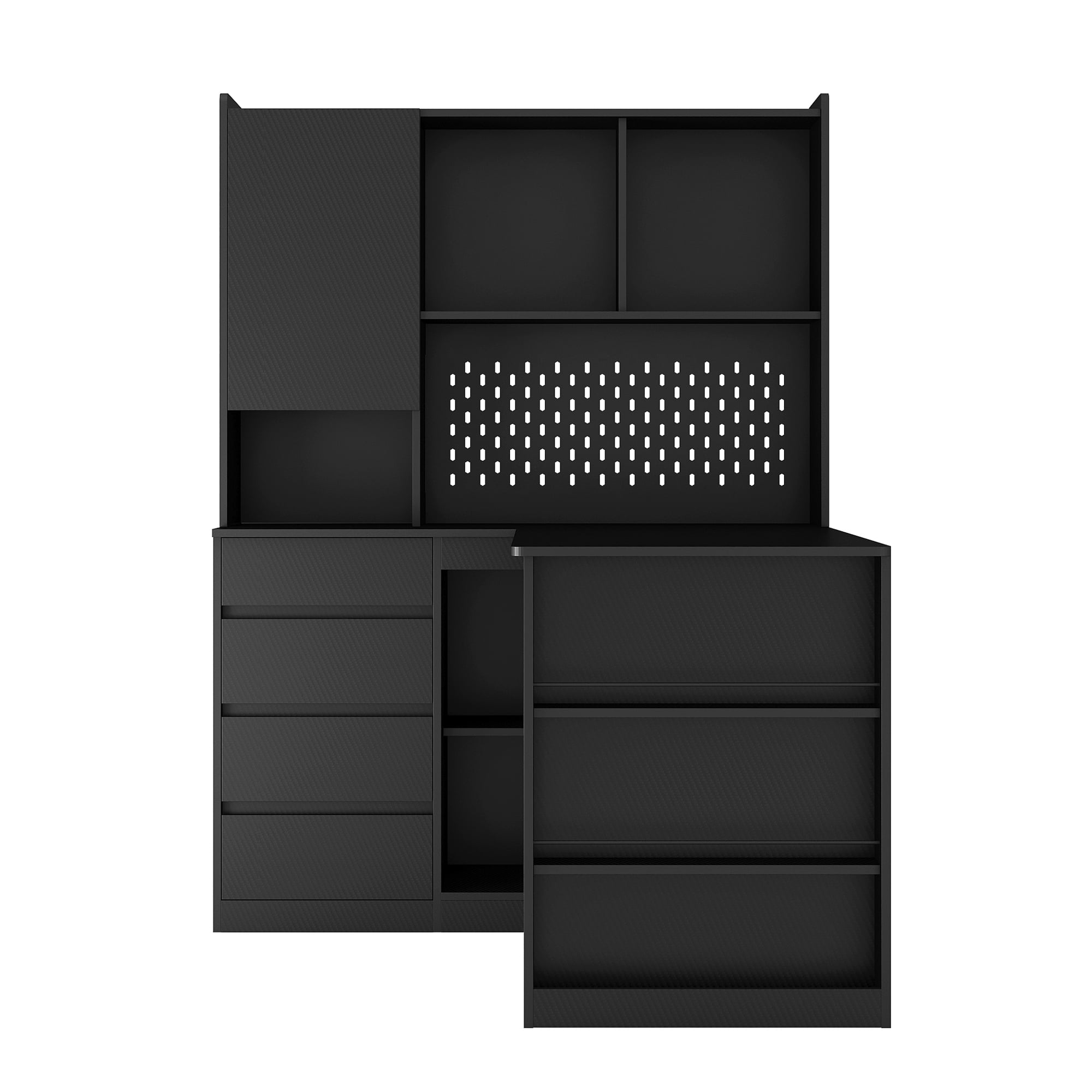 Modern L Shaped Computer Desk with Bookshelf and Hutch, Home Office Corner Study Desk Writing Table with Storage Drawers and LED Light