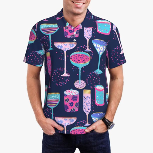 Fotbe Wine Glasses And Cocktails Camiseta Polo de Golf para Hombre con Estampado – Camisa Deportiva Transpirable con Cuello Abotonado-3X-Large
