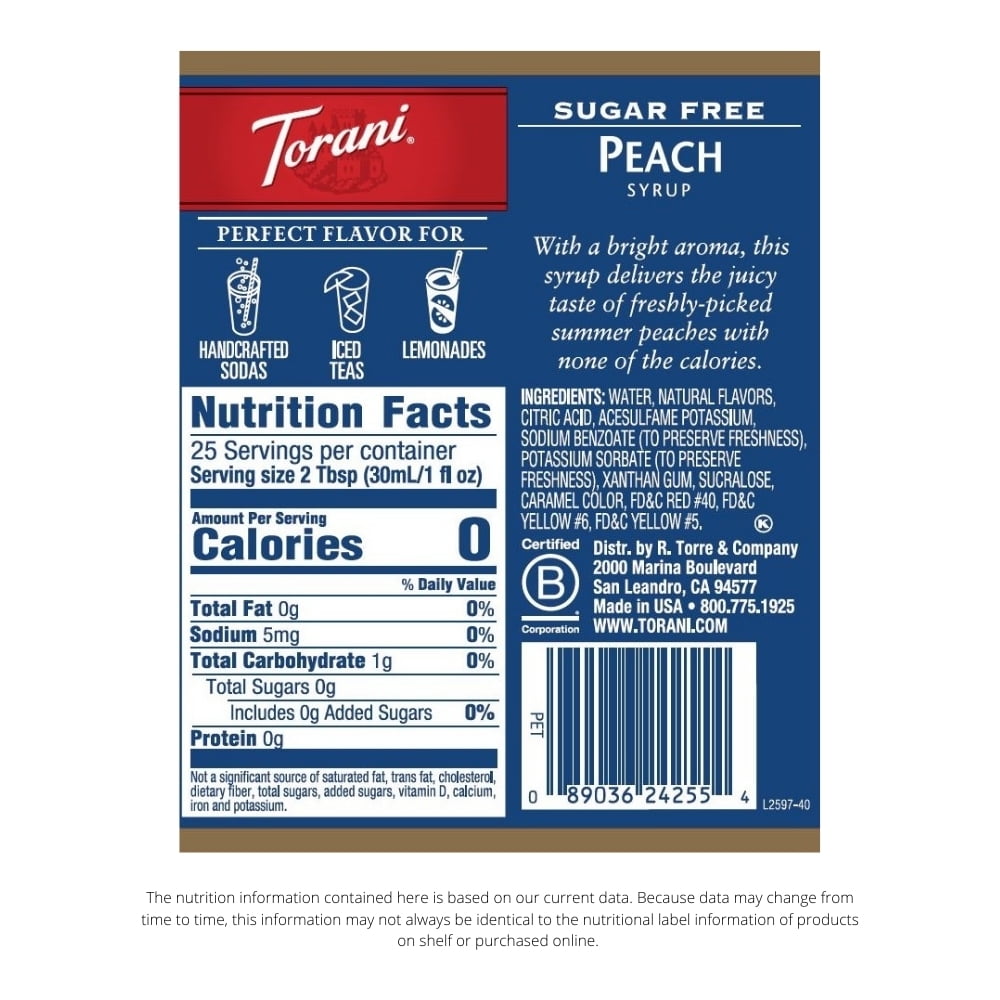 Torani Sugar Free Peach Flavoring Syrup, 25.4 fl oz