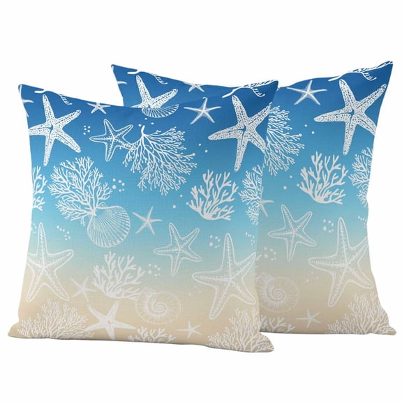 Outdoor Pillow Covers 20 x 20 Inches, Blue Beige Ombre Coastal Waterproof Throw Pillow Cover Set of 2, Nautical Beach Starfish Coral Summer Decorative Square Cushion Covers for Patio/Tent/Garden