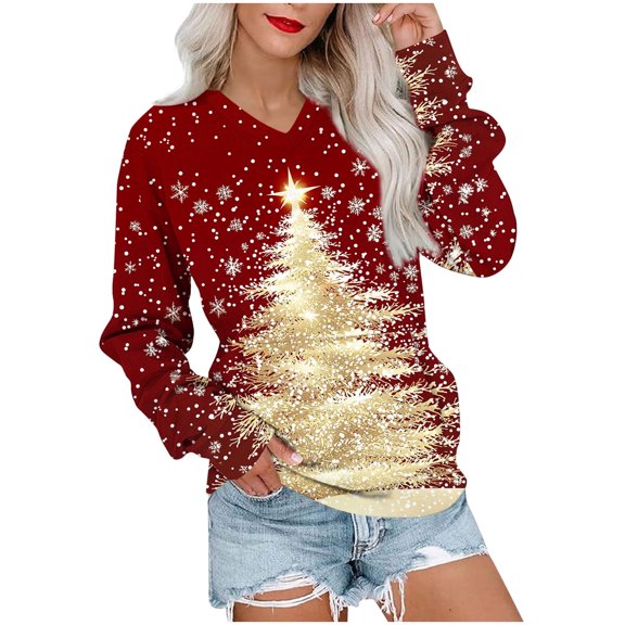 Christmas Top for Women Reindeer Graphic Print Long Sleeve V Neck Pullover Sweatshirt with Pocket Red M