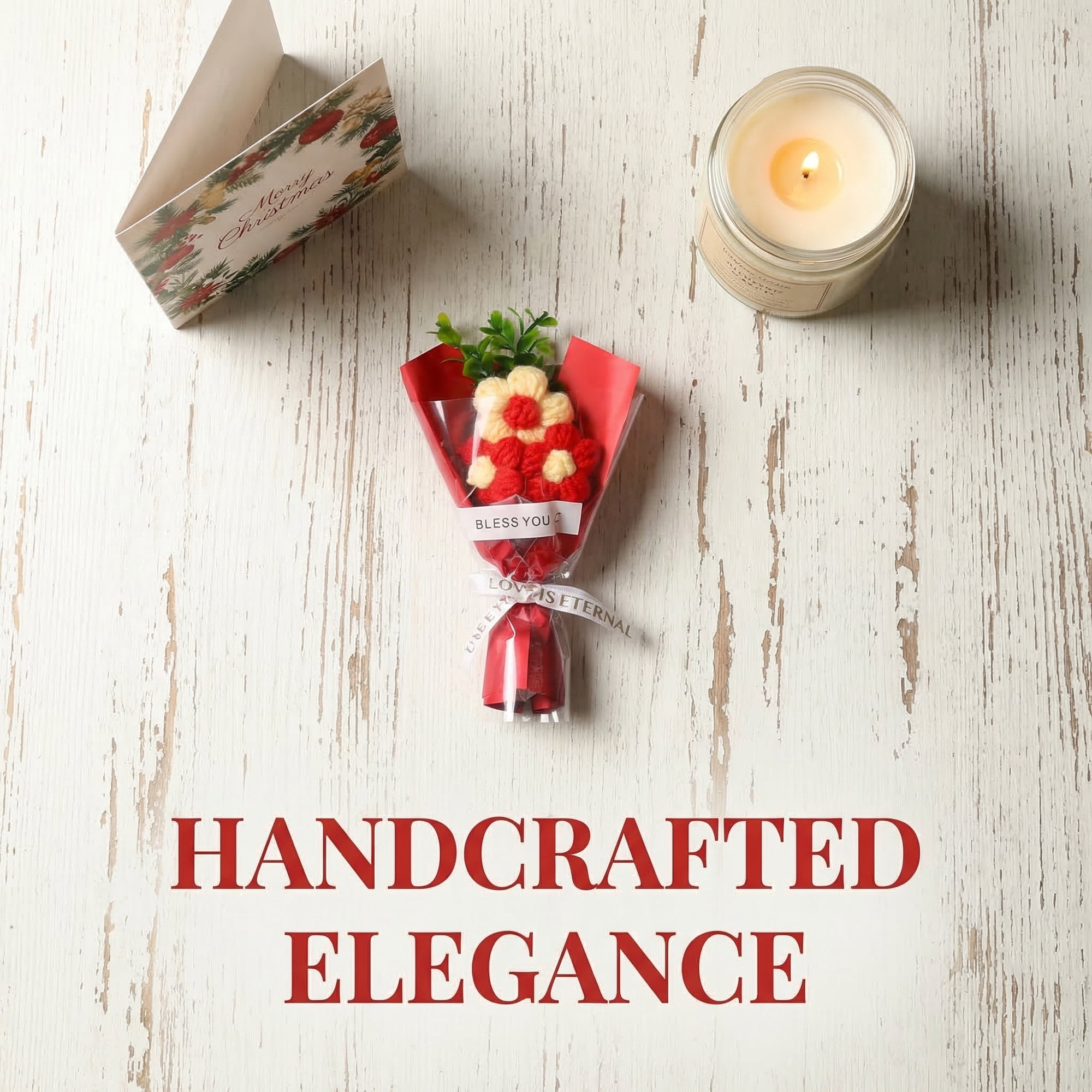 Unique Bargains 4Pcs Handmade Crochet Potted Flowers Knitted Bouquet Red 5.9in