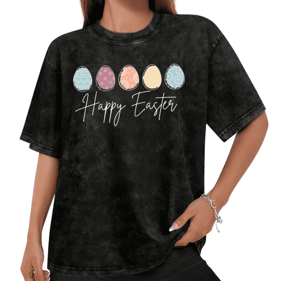 Women Casual Happy Easter Eggs Graphic Tees Cotton Crew Neck Printed T Shirt Tops Washed T Shirt Black S-2XL Plus Size