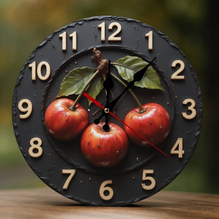 Wall Clock Decorative - Classic Red Cherry Print 2D Vintage Wall Clocks Battery Operated Silent Non-Ticking for Bedroom, Living Room, Kitchen, Office, Classroom, 10 Inch