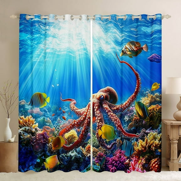Erosebridal Sealife Octopus Curtains for Living Room,Marine Animal 30%-50% Blackout Curtains Set of 2 (38x45),Sea Room Decorative