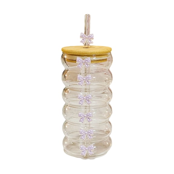 Purple Bow Wavy Glass Tumbler with Bamboo Lid & Glass Straw, Cute Stacked Ribbon Pattern Iced Coffee Cup for Fruit Tea Home Picnic