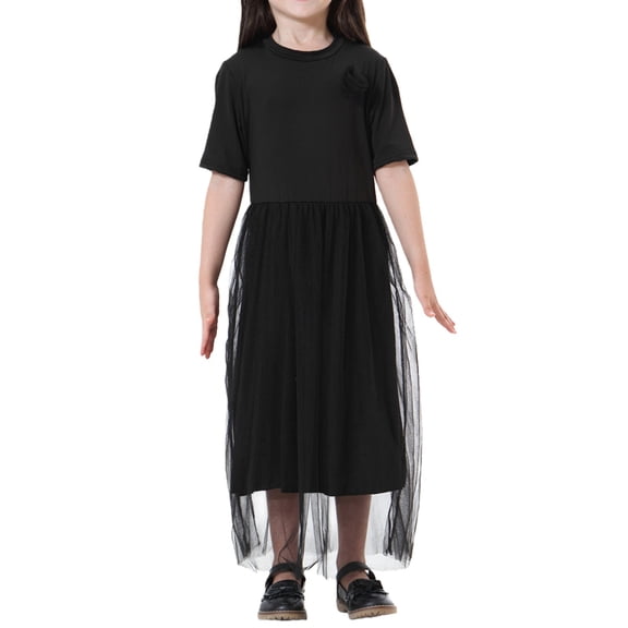 KAUOD Girls Tulle Long Dress Muslim Mesh Lace Short Sleeve Dresses Teen Kids Crew Neck Soft Eid Prayer Traditional Clothes