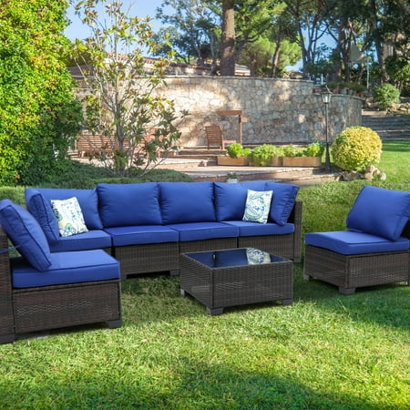 ZXRLHX 7-Piece Wicker Patio Furniture Set with Cushions Brown/Blue Weather-Resistant for Terrace Poolside Garden