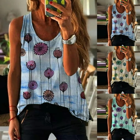 

Yinreli Women Vest Printed Loose Summer Round Neck Sleeveless Top for Party
