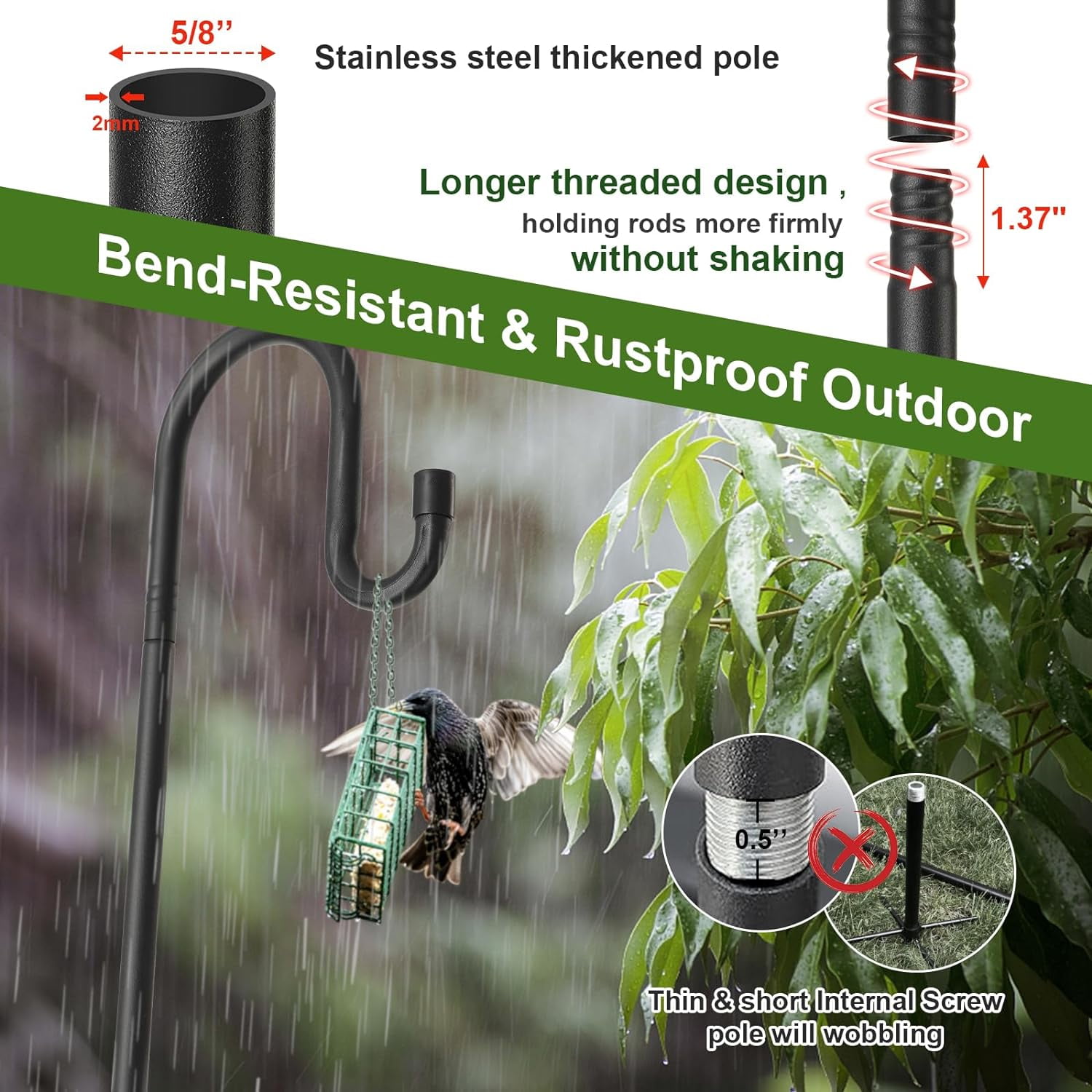Bird Feeder Pole with Shepherds Hook - Heavy Duty Hummingbird Stand 5 Prong,78" Adjustable Rustproof Garden Hooks Outdoor for Hanging Birdfeeder,Wind Chimes,Lanterns,Solar Lights,Black