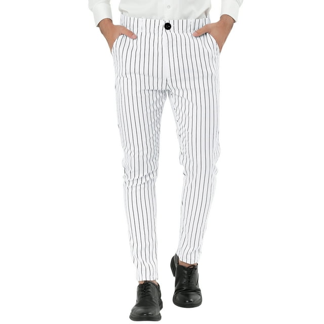 INSPIRE CHIC Pantalon Habillé à Rayures pour Homme, Pantalon à devant Plat, Pantalon d'Affaires 36 Blanc