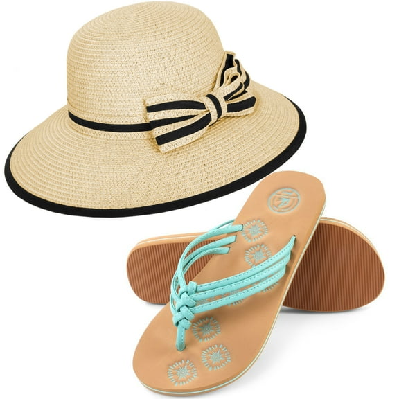 Women's Panama Styled Woven Straw Hat and Foam Flip Flop Sandals Set US Women's Shoe Sizes 7-10