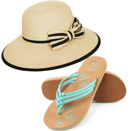 

Women s Panama Styled Woven Straw Hat and Foam Flip Flop Sandals Set US Women s Shoe Sizes 7-10