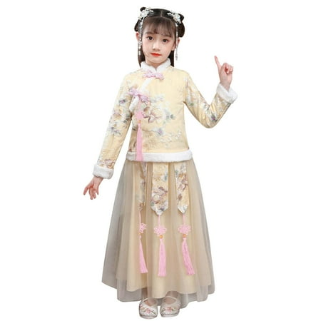 

JDEFEG Girls Dress Bright Toddler Kids Baby Children Fairy Hanfu Lined Warm Coat Jacket Tops for New Year Princess Tulle Skirts Tang Suit Little Girls Pretend Dress Shoes Yellow 150