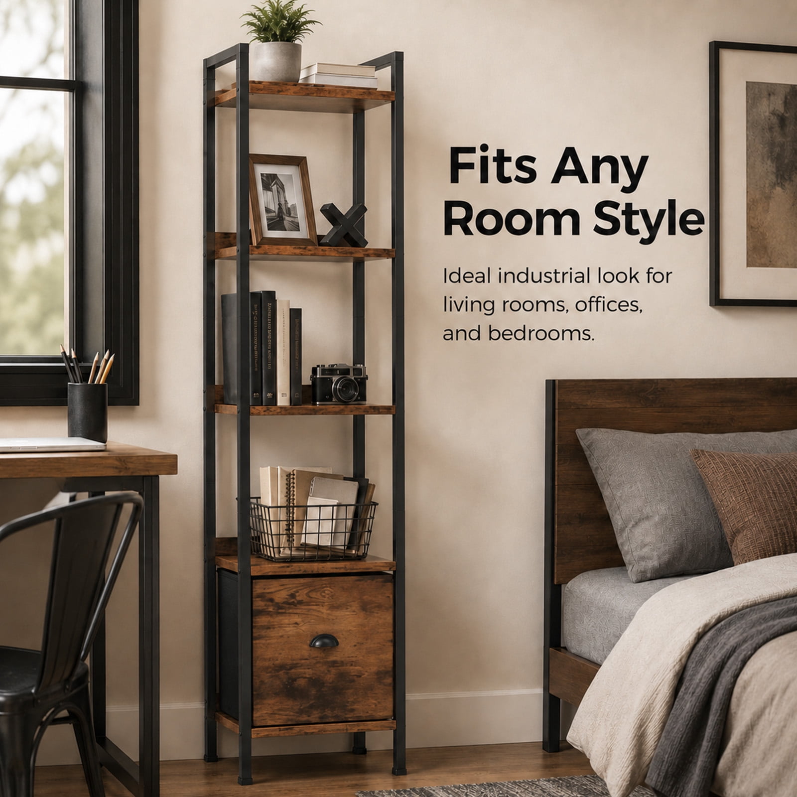 Alvantor 5-Tier Bookshelf, Industrial Bookcase with Drawer, Space-Saving Storage Bookcase for Bedroom, Living Room & Home Office