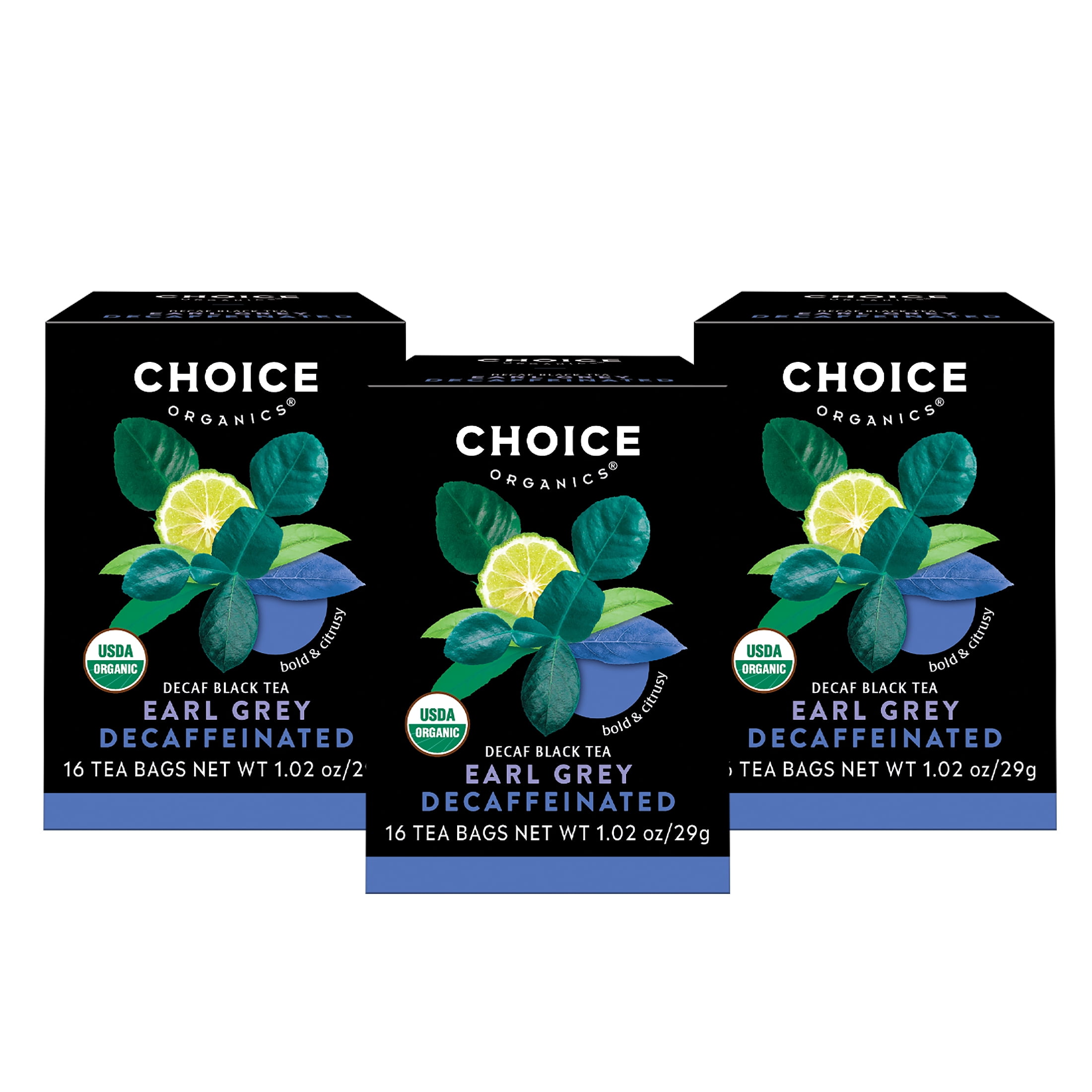Choice Organics Decaf Earl Grey Tea, Decaffeinated, Black Tea Bags, 3 Boxes of 16