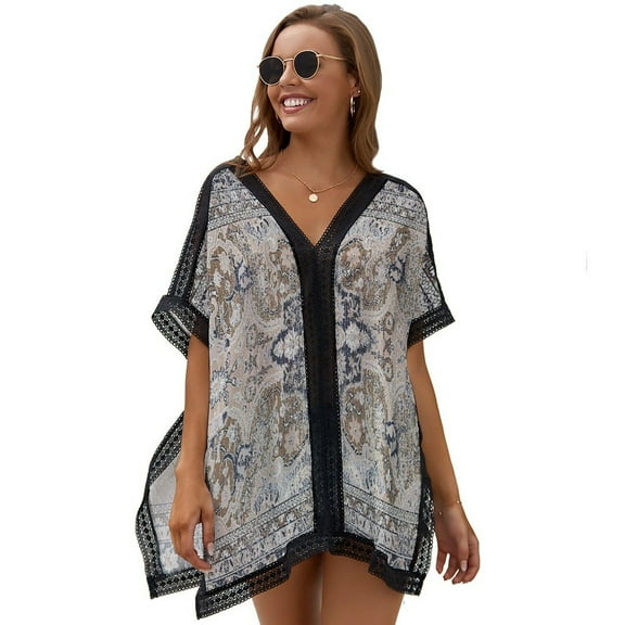 Beige And Blue Dvin Beach Cover Ups for Women Bathing Suit Cover Up Lace Bikini Swimsuit Coverup Beach Dress Shirt One Size