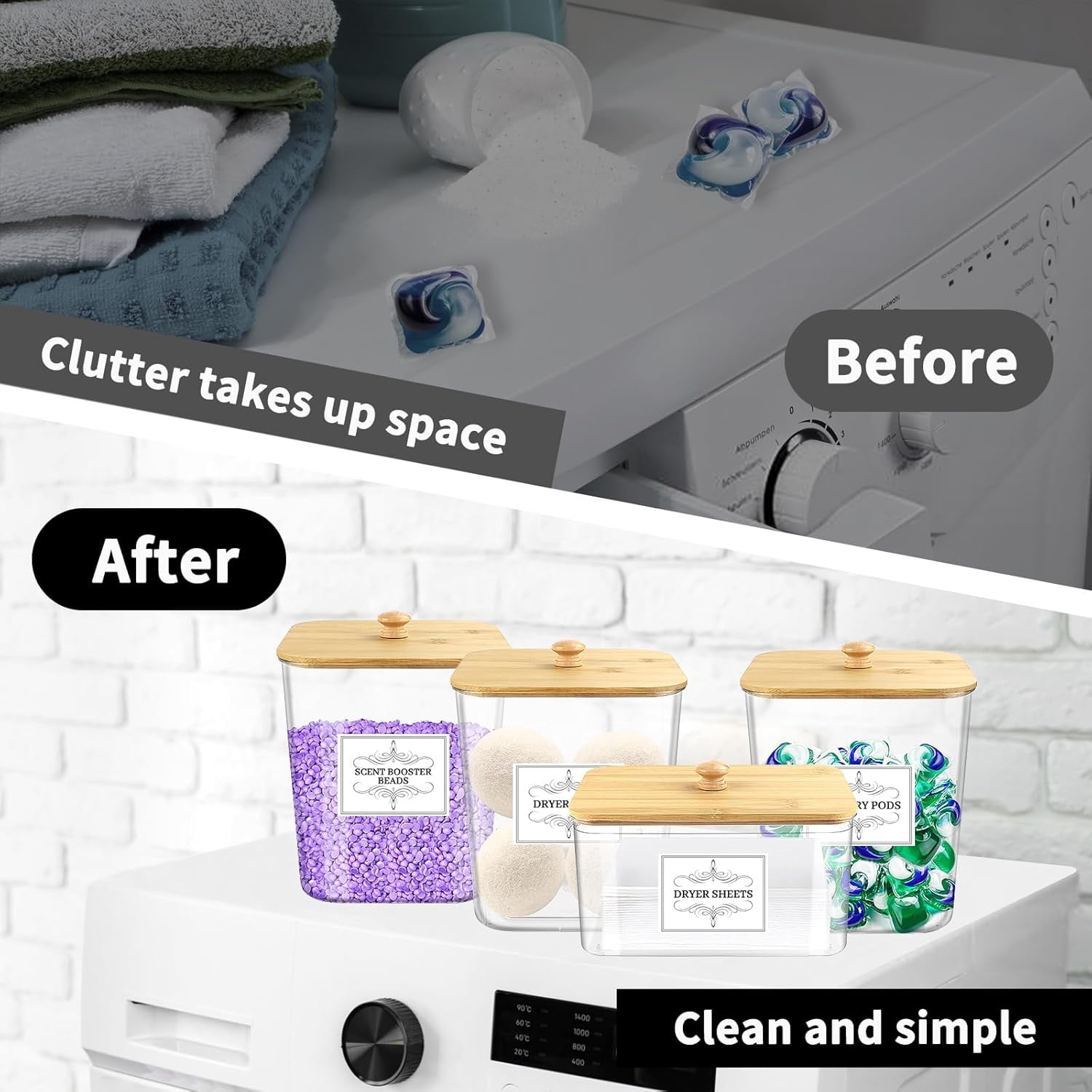 Laundry Pods Container & Dryer Sheet Holder, 4Pack Laundry Room Organization and Storage, Laundry Detergent Power Container with Bamboo Lids,Labels, Scoop